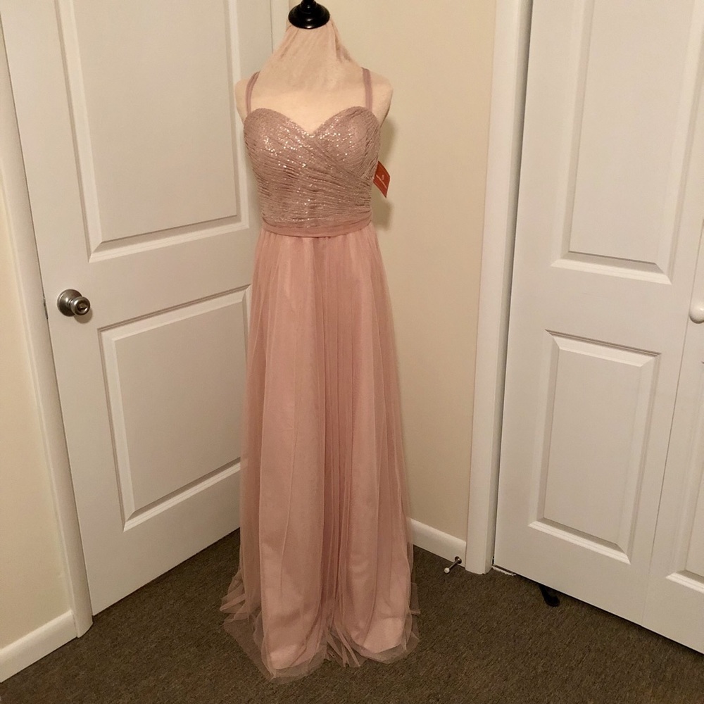 Rose gold sequin dress by Watters & Watters.